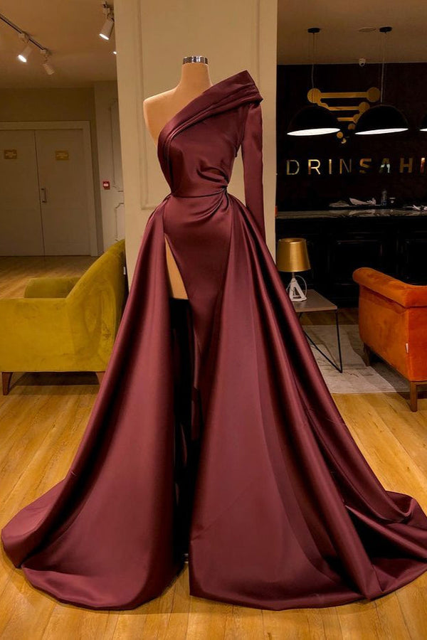 Chic Long Sleeve Evening Dress With Split On Sale One Sleeve