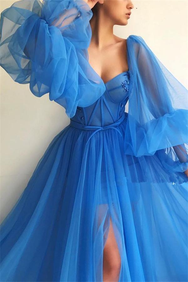 Chic Long Sleeves Sweetheart See Through Bodice Party Dresses Front Slit Blue Long Prom Dresses