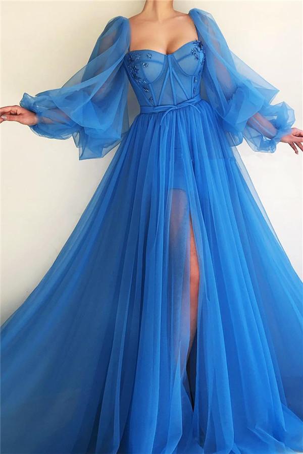 Chic Long Sleeves Sweetheart See Through Bodice Party Dresses Front Slit Blue Long Prom Dresses