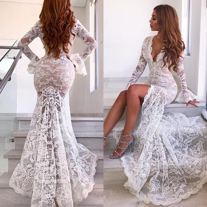 Chic Long Sleevess V-Neck Party Dresses Lace Evening Party Dress With Slit