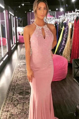 Chic Mermaid Halter Long Prom Dresses with Crystal