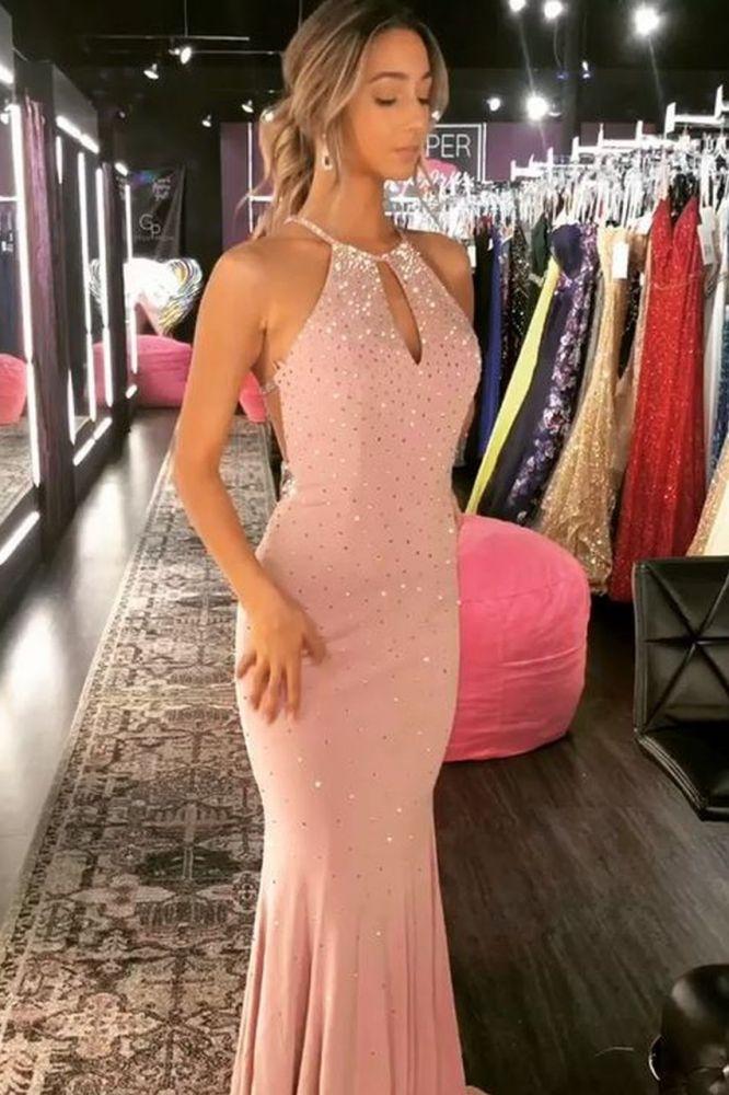 Chic Mermaid Halter Long Prom Dresses with Crystal