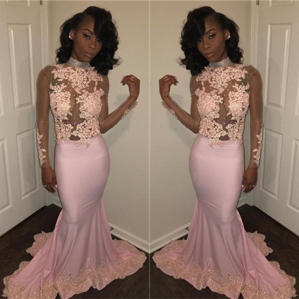 Chic Mermaid Pink High-Neck Prom Dresses Long Sleeves Appliques Evening Gowns with Beadings