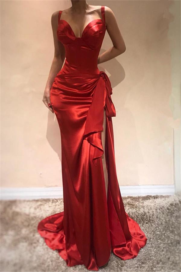 Chic Mermaid Scarlet Spaghetti-Strapss Evening Dresses Chic High Split Sleeveless Prom Dresses Online