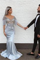 Chic Mermaid Sky Blue Evening Gowns V-Neck Prom Dresses with Tassels