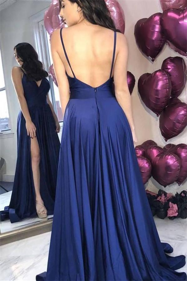 Chic Navy Blue Backless Simple Evening Dresses Spaghetti-Strapss Prom Dresses Online with Chic high Split