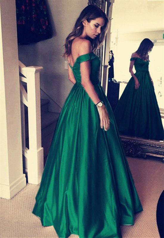 Chic Off-the-Shoulder Evening Party Gowns Green Long Prom Dresses