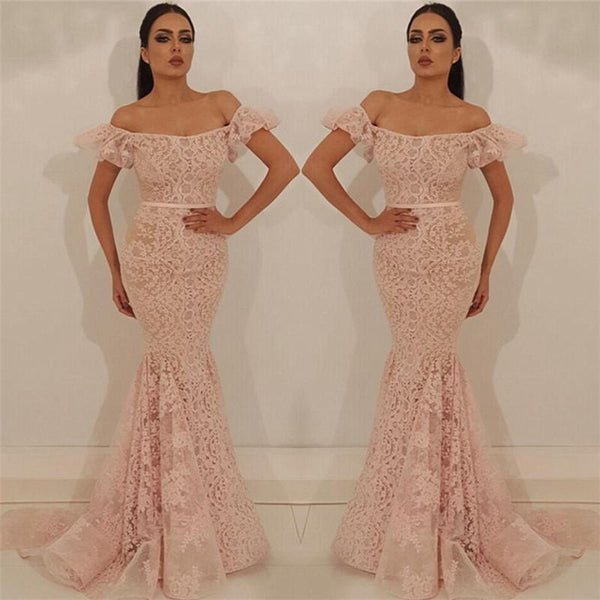 Chic Off-the-Shoulder Lace Party Dresses Chic Mermaid Sleeveless Long Prom Dresses