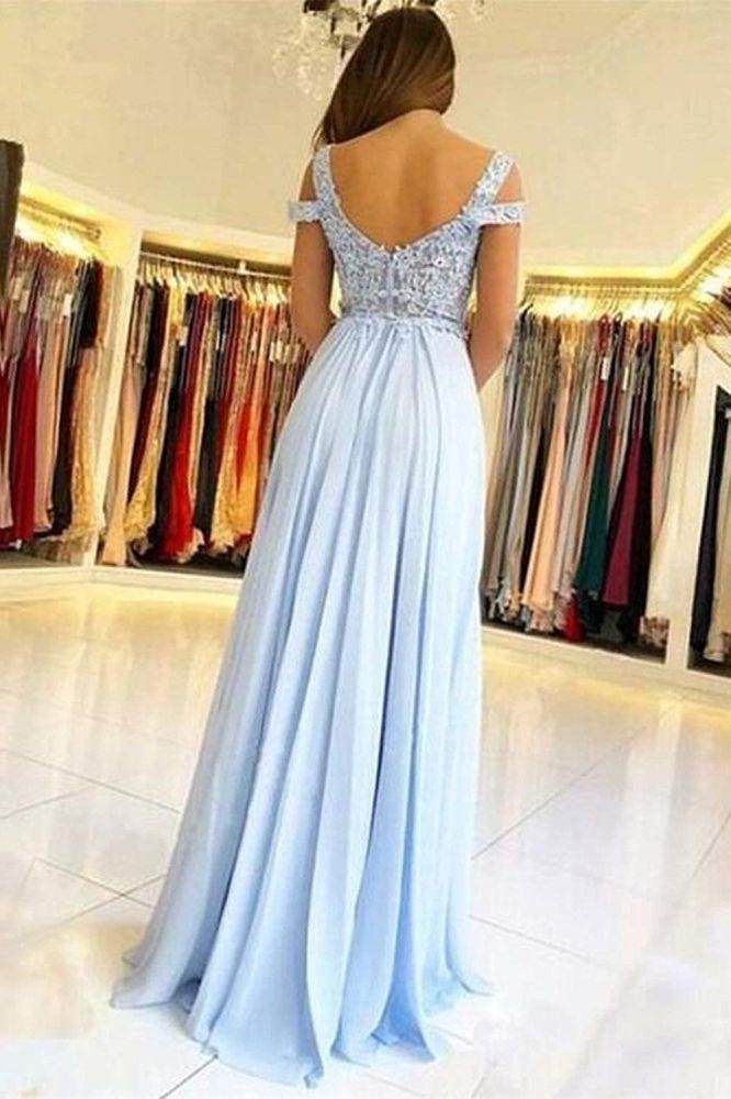 Chic Off-the-shoulder Low Back Prom dresses with Chic High Split Ligh Sky blue Evening Gowns with Lace appliques