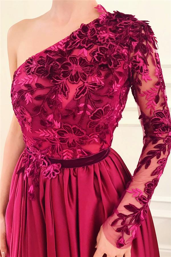 Chic One Shoulder Front Slit Burgundy Evening Gowns Party Dresses Affordable One Sleeve Appliques Long Prom Dresses