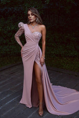 Chic Pink Front Slit Chiffon Prom Dress Sequins One Shoulder With Long Sleeves On One Side
