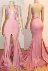 Chic Pink Party Dresses Backless Lace Evening Gown With Slit