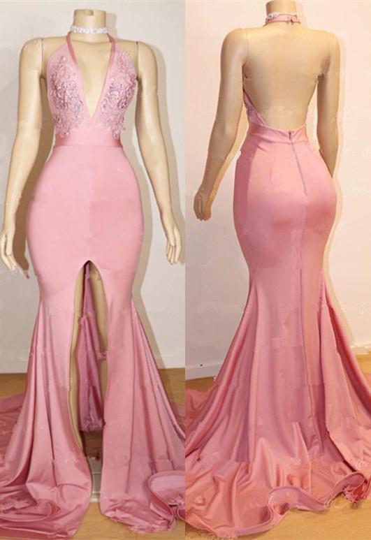 Chic Pink Party Dresses Backless Lace Evening Gown With Slit