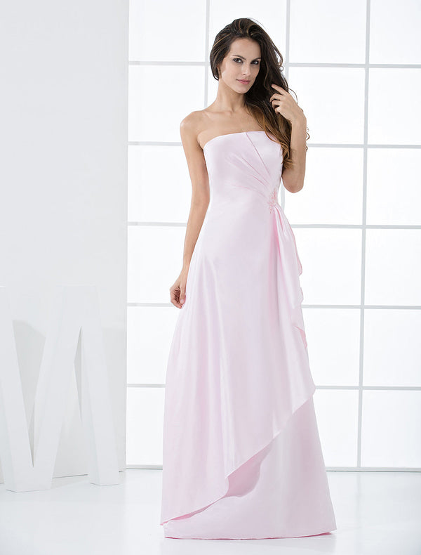 Chic Pink Strapless Satin Floor Length Bridesmaid Dress