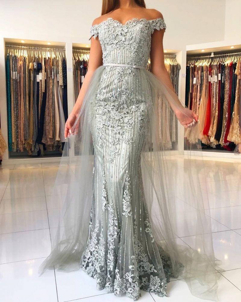 Chic Princess Tulle Off-the-shoulder Lace Mermaid Prom Dresses
