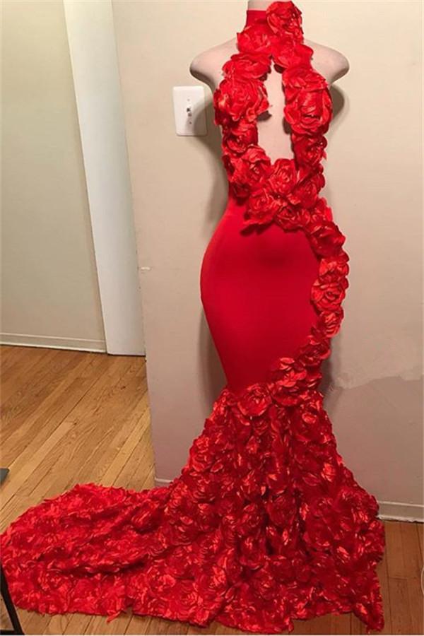 Chic Red Halter Flower Sleeveless Mermaid Formal Dresses