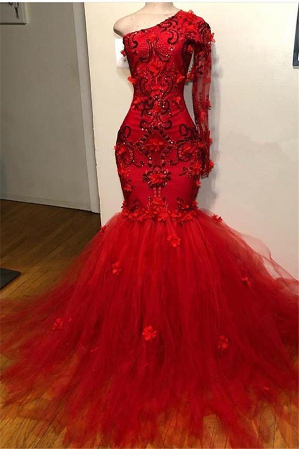 Chic Red One Shoulder Long Sleeves Appliques Mermaid Formal Dresses