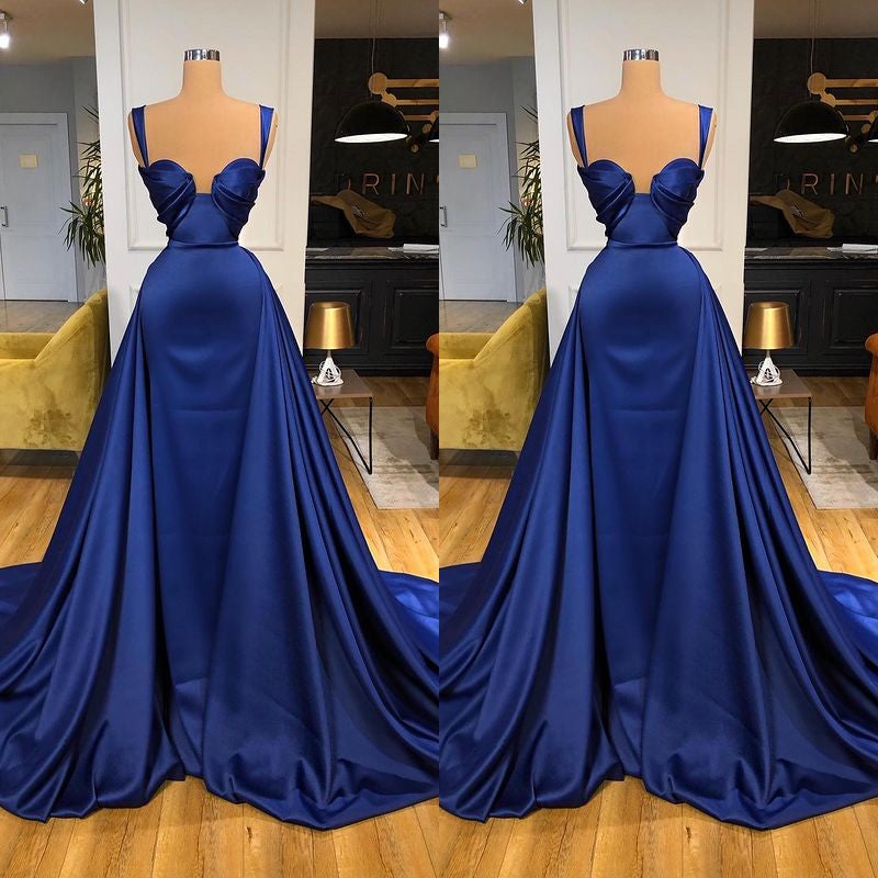 Chic Royal Blue Straps Prom Dress Overskirt With Detachable Train Sweetheart