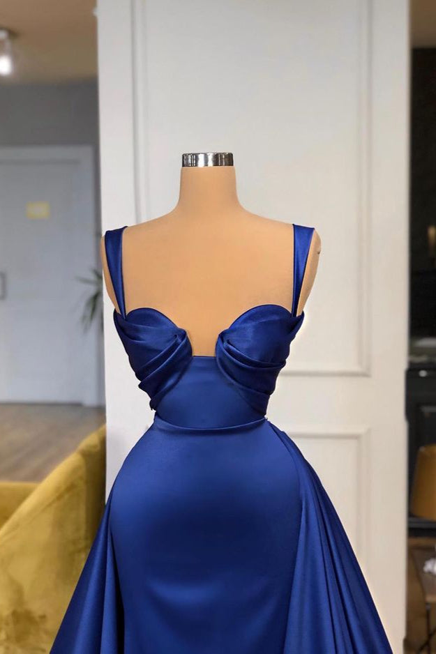 Chic Royal Blue Straps Prom Dress Overskirt With Detachable Train Sweetheart
