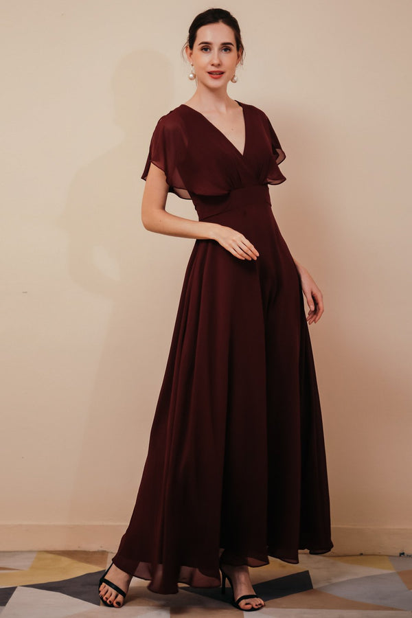 Chic Rust Cool-shoulder V-Neck Chiffon Evening Party Gowns