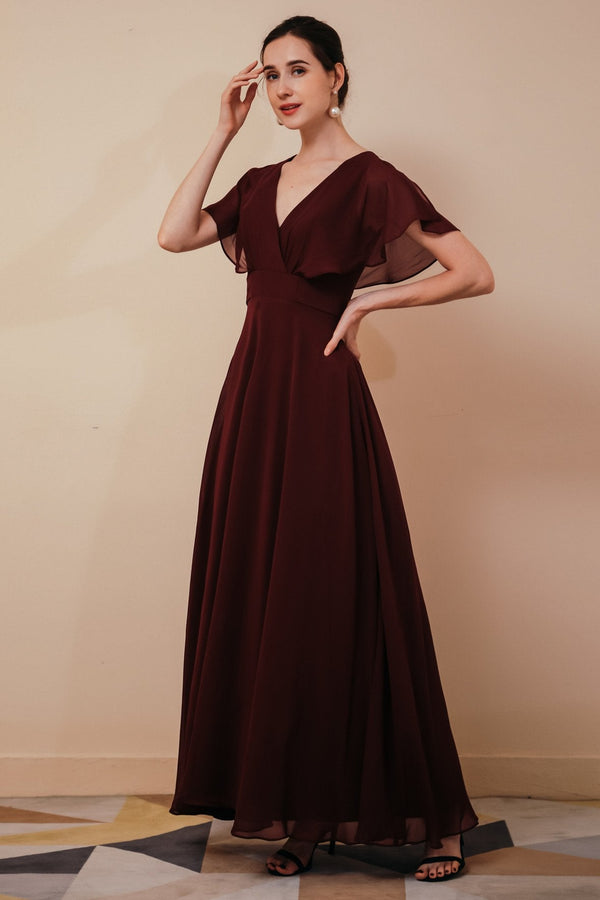 Chic Rust Cool-shoulder V-Neck Chiffon Evening Party Gowns