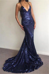 Chic Sequins Sexy Deep V-Neck Party Dresses Backless Mermaid Chic Evening Gowns