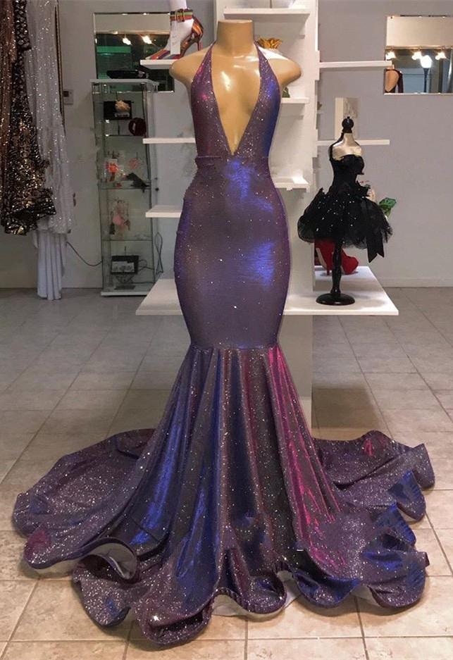 Chic Sexy Deep Sleeveless V-Neck Prom Dresses New Arrival Halter Memaiad Sequins Evening Gowns