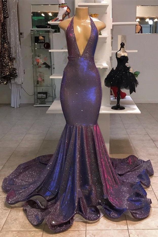 Chic Sexy Deep Sleeveless V-Neck Prom Dresses New Arrival Halter Memaiad Sequins Evening Gowns