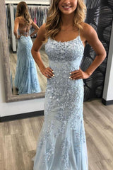 Chic Sky Blue Spaghetti-Straps Lace Applique Simple Long Prom Dresses