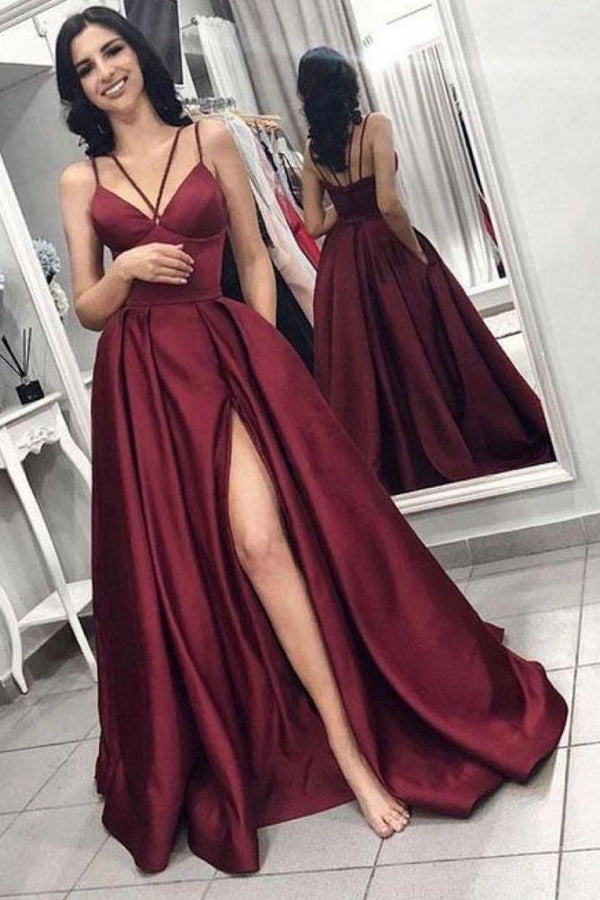 Chic Sleeveless Front Split Prom Gown Burgundy Evening Gowns Spaghetti-Straps A-Line Evening Party Gowns