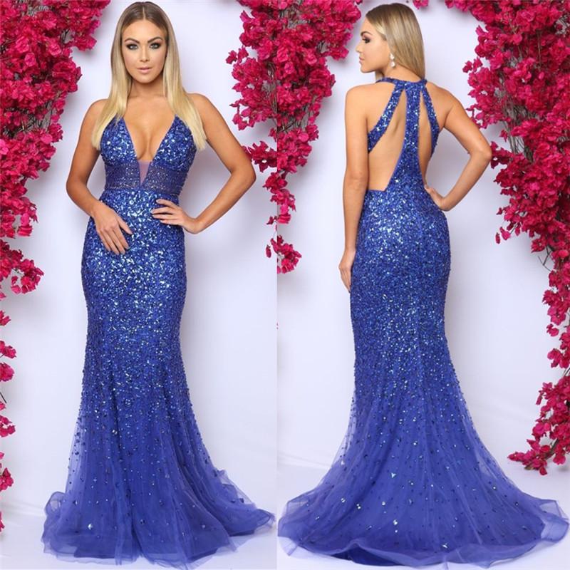 Chic Sleeveless V-Neck Formal Dresses Online Royal Blue Crystals Evening Party Gowns Online
