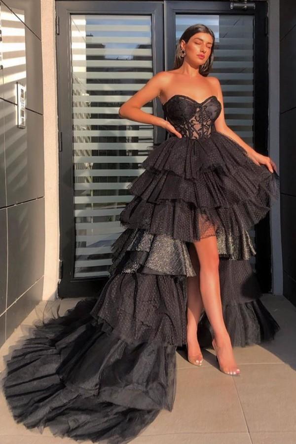 Chic Strapless Sweetheart Hi-Lo Tulle Prom Dresses Sheer Ruffles Evening Dresses With Chapel Train