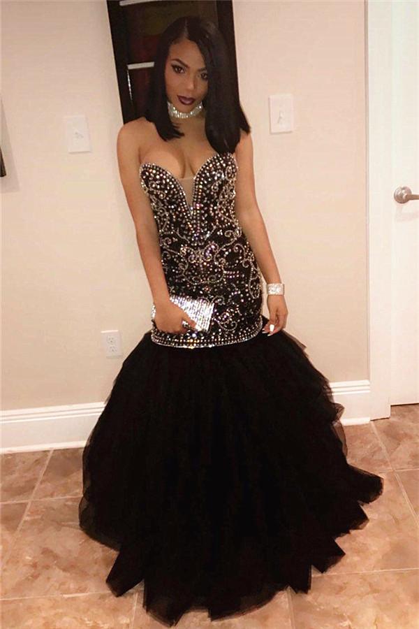 Chic Sweetheart Beads Prom Dresses Mermaid Black Sequins Evening Gown