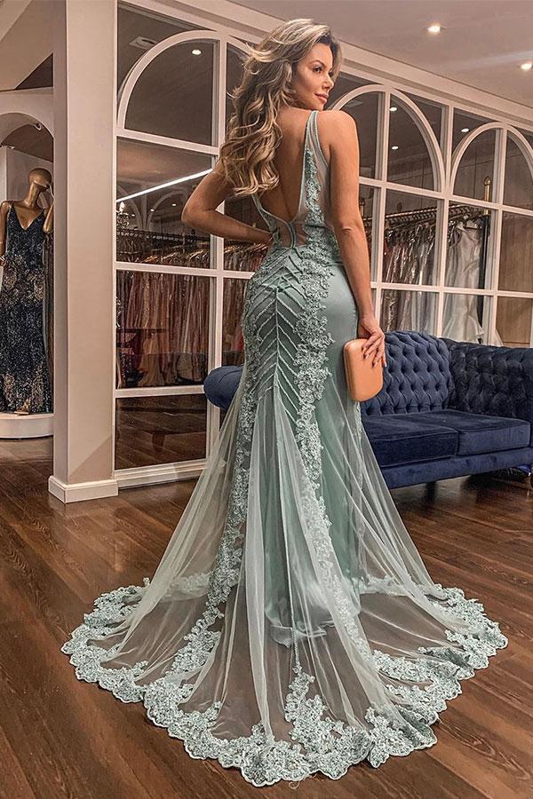 Chic Sweetheart Mermaid Keyhole Backless Prom Dresses with Tulle Train