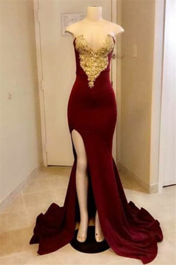 Chic Sweetheart Mermaid Prom DresesSplit Velvet Gold Appliques Split Evening Dresses
