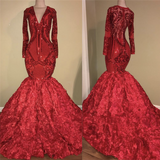 Chic V-Neck Gorgeous Appliques Fit and Flare Floral Party Dresses Chic Long Sleevess Luxurious Scarlet Dress for Prom