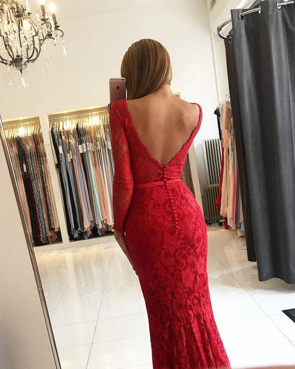Chic V-Neck Open Back Scarlet Lace Evening Dresses Chic Long Sleevess Fit and Flare Prom Dresses
