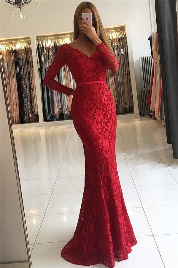 Chic V-Neck Open Back Scarlet Lace Evening Dresses Chic Long Sleevess Fit and Flare Prom Dresses