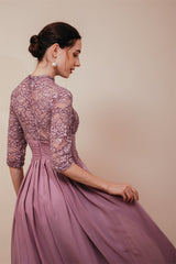 Chic Violet 3/4 sleeves High waist Beadings Lace Chiffon Evening Party Gowns