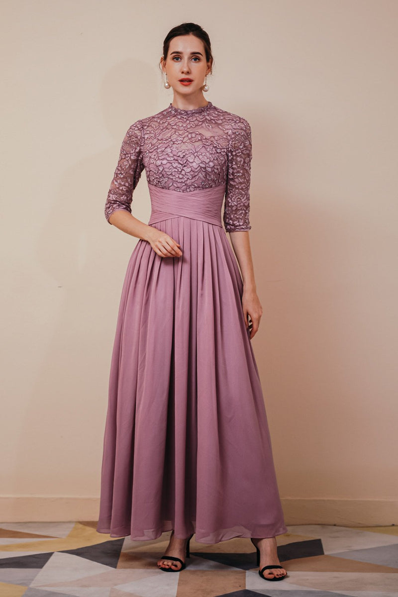 Chic Violet 3/4 sleeves High waist Beadings Lace Chiffon Evening Party Gowns