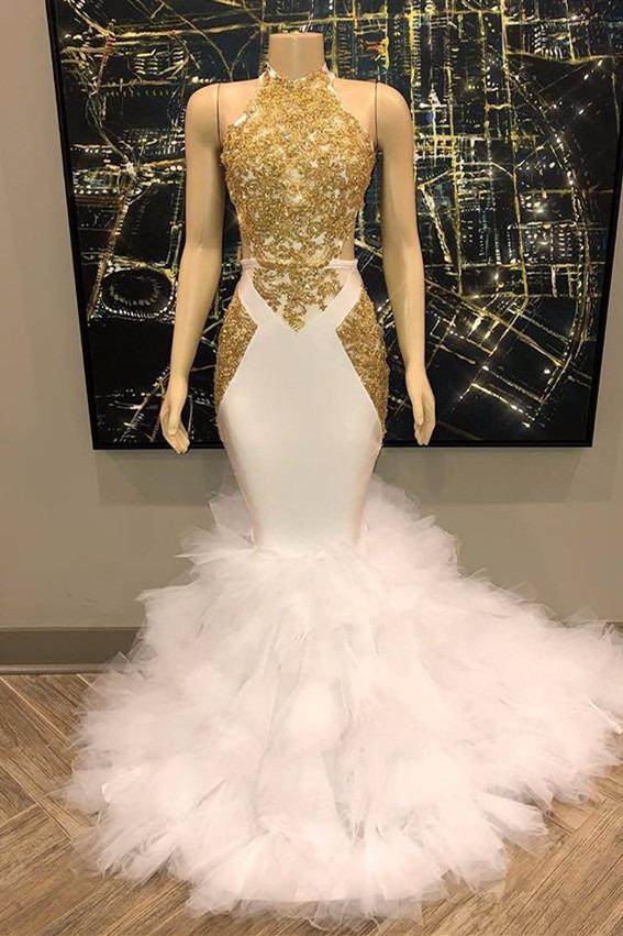 Chic White And Gold Mermaid Prom Dress Sequins High Collar Chiffon Long