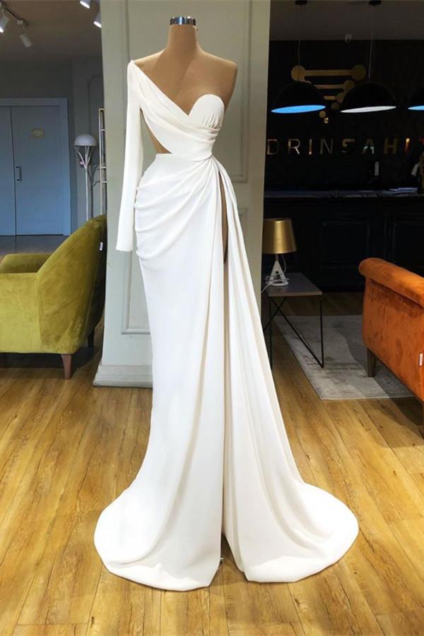 Chic White Long Sleeves One Shoulder Split Prom Dresses