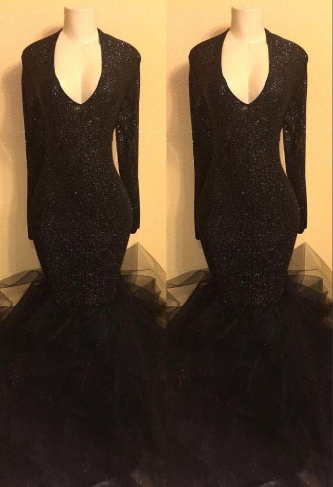 Chic black sequins prom dress, ruffles Evening Party Gowns