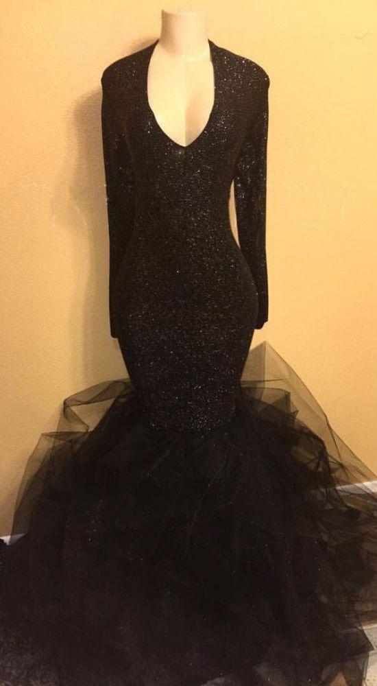 Chic black sequins prom dress, ruffles Evening Party Gowns