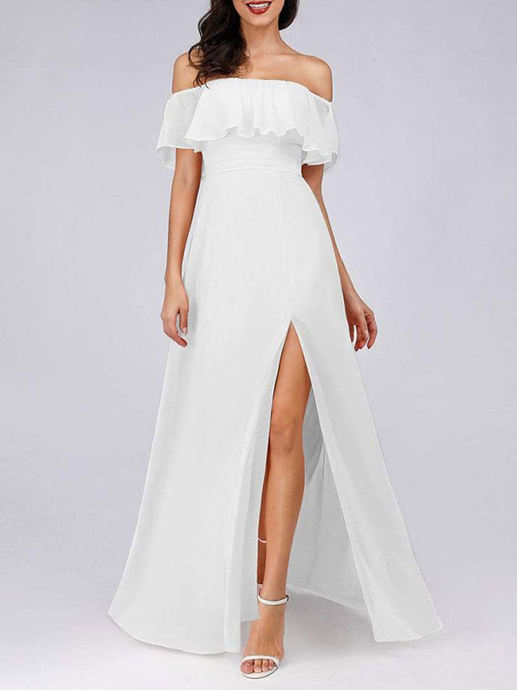 Chiffon A Line Off The Shoulder Floor Length High Split Bridesmaid Dress