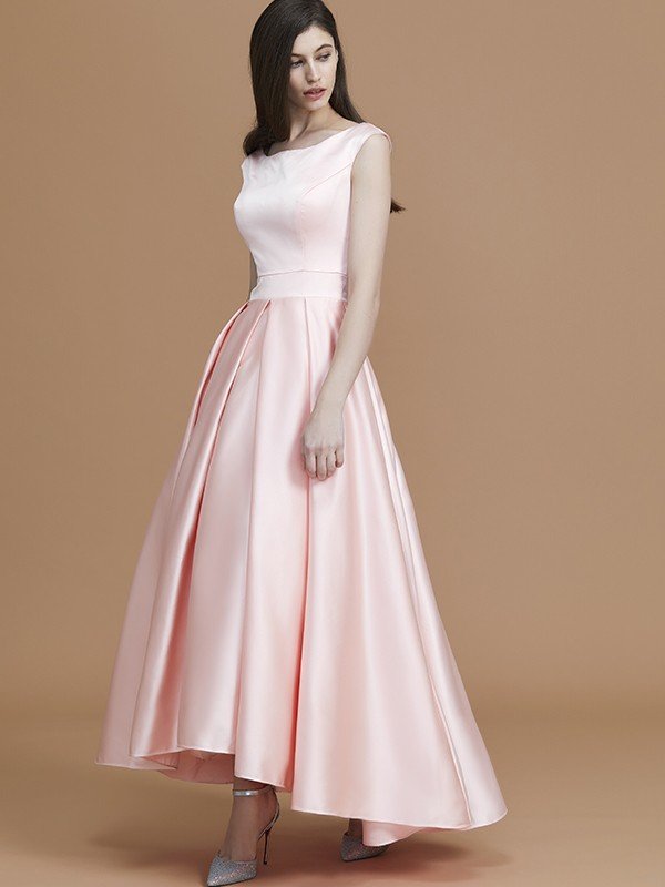 Classic Bateau Sleeveless Asymmetrical Ruffles Satin Bridesmaid Dresses