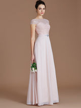 Classic Bateau Sleeveless Lace Chiffon Bridesmaid Dresses