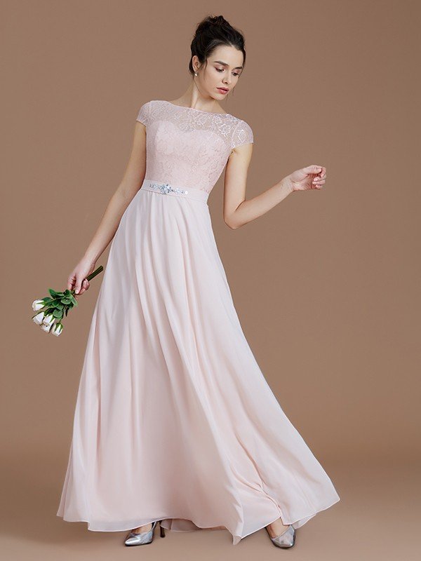 Classic Bateau Sleeveless Lace Chiffon Bridesmaid Dresses
