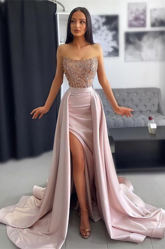 Classic Strapless Dusty Pink Prom Dresses Mermaid Slit With Lace Appliques