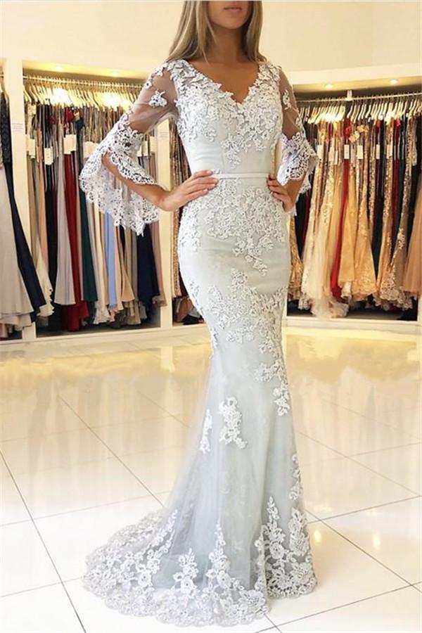Classic V-Neck Bell Sleeves Prom Dresses Lace Appliques Mermaid Evening Dresses
